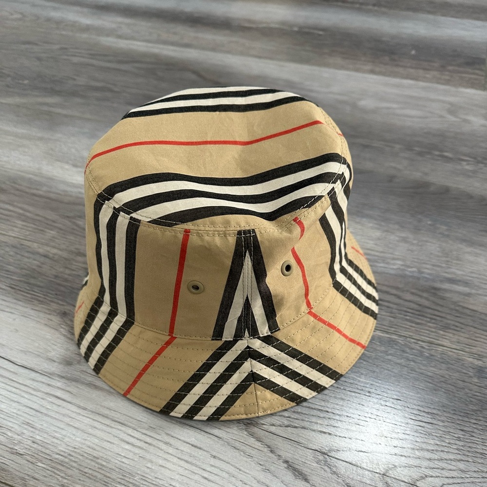 Burberry Tan and Black Striped Bucket Hat